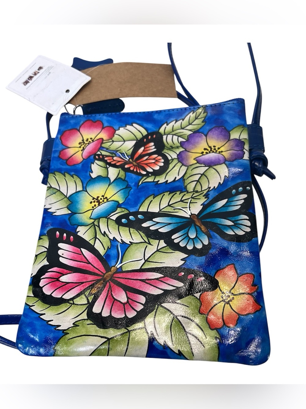 TAMSY Hand Painted Genuine Leather Butterf Crossbody Bag NWT Blue